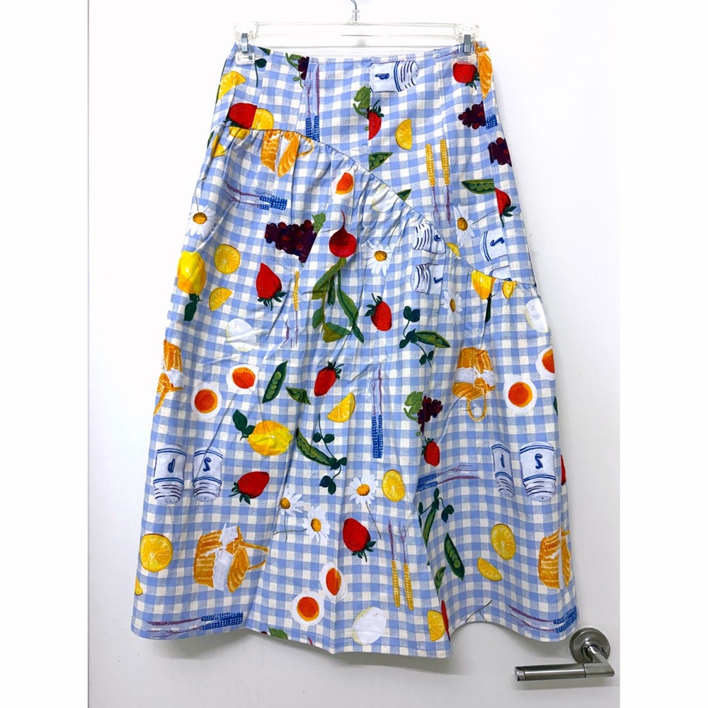 NWT Lisa Says Gah Maeve Picnic Alfresco Midi Skirt Food Vegetable Blue Gingham M - Picture 2 of 10